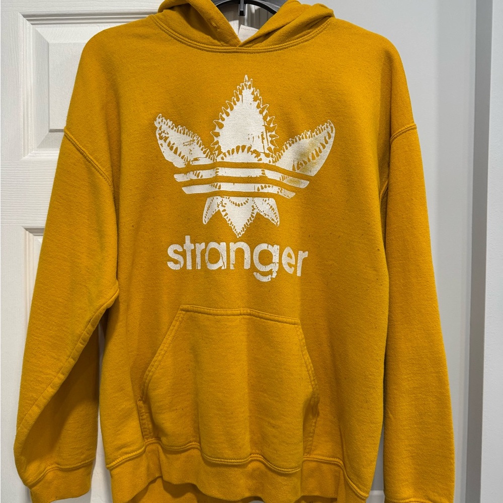 Mustard Yellow Graphic Hoodie “Stranger” Pullover | Size Large